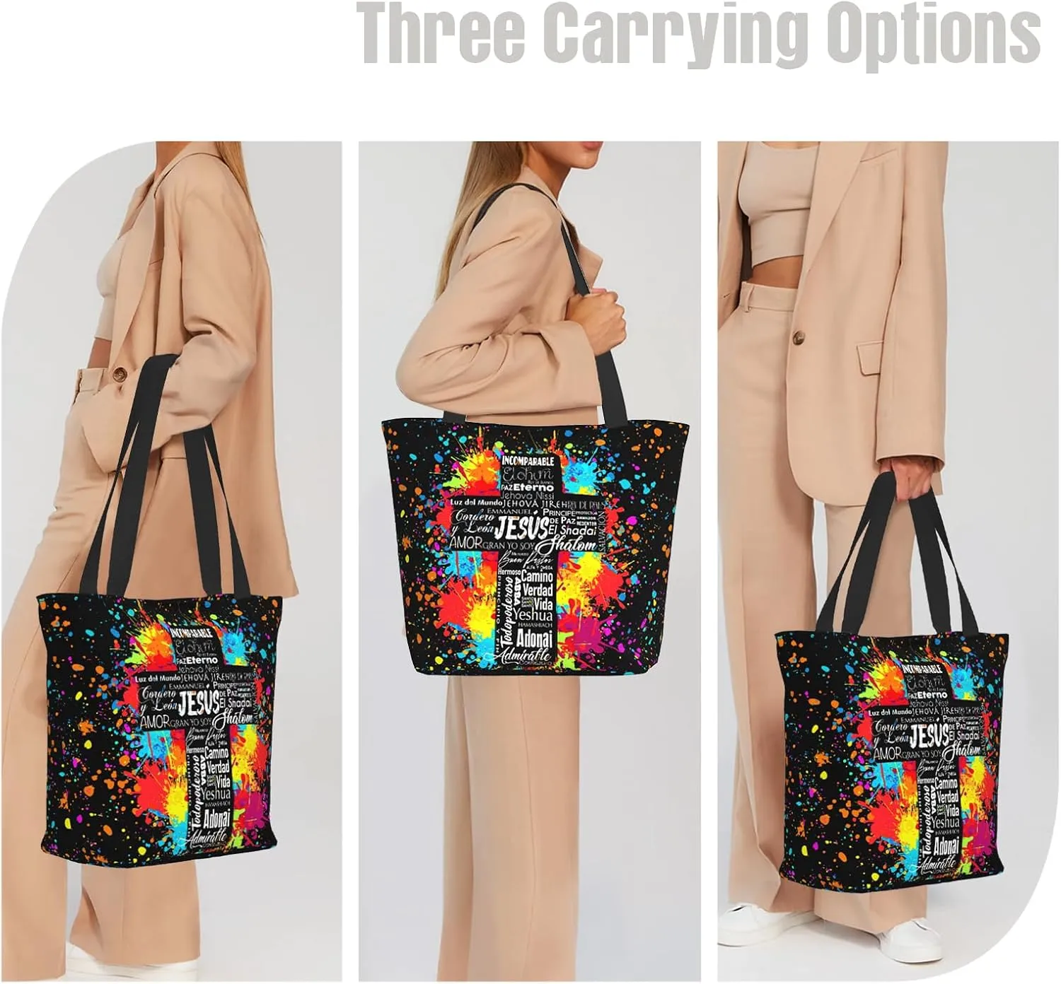Tote Bag for Women Large Shoulder Bag with Zipper Pockets Stylish Print Handbags for Work Travel Shopping