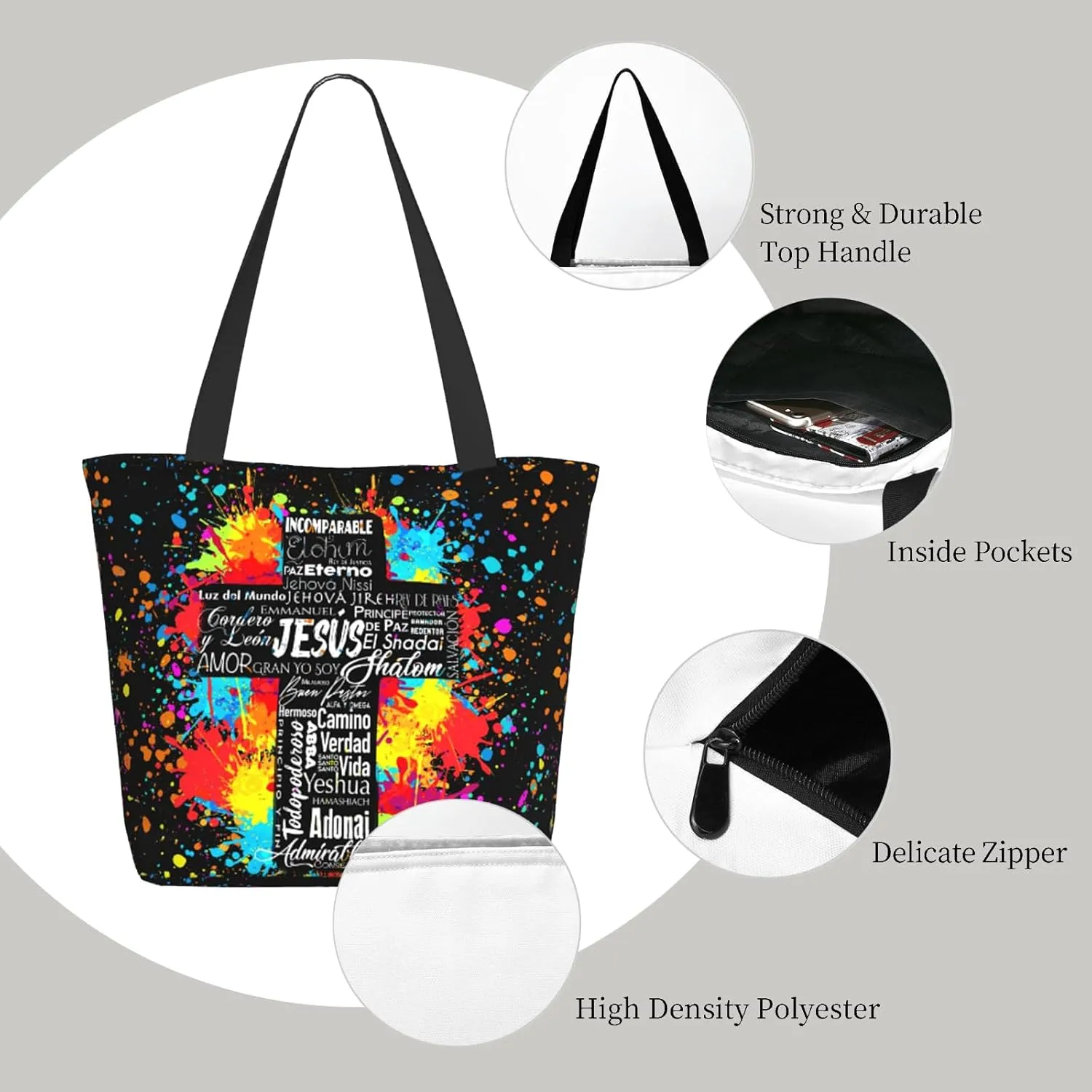 Tote Bag for Women Large Shoulder Bag with Zipper Pockets Stylish Print Handbags for Work Travel Shopping
