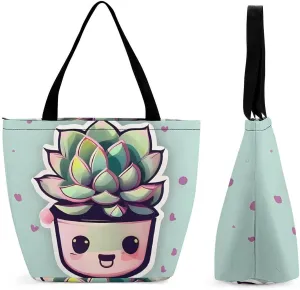 Tote Bag for Women Reusable Grocery Bags Shopping Bags Smiling Succulents Handbag Casual Shoulder Bag