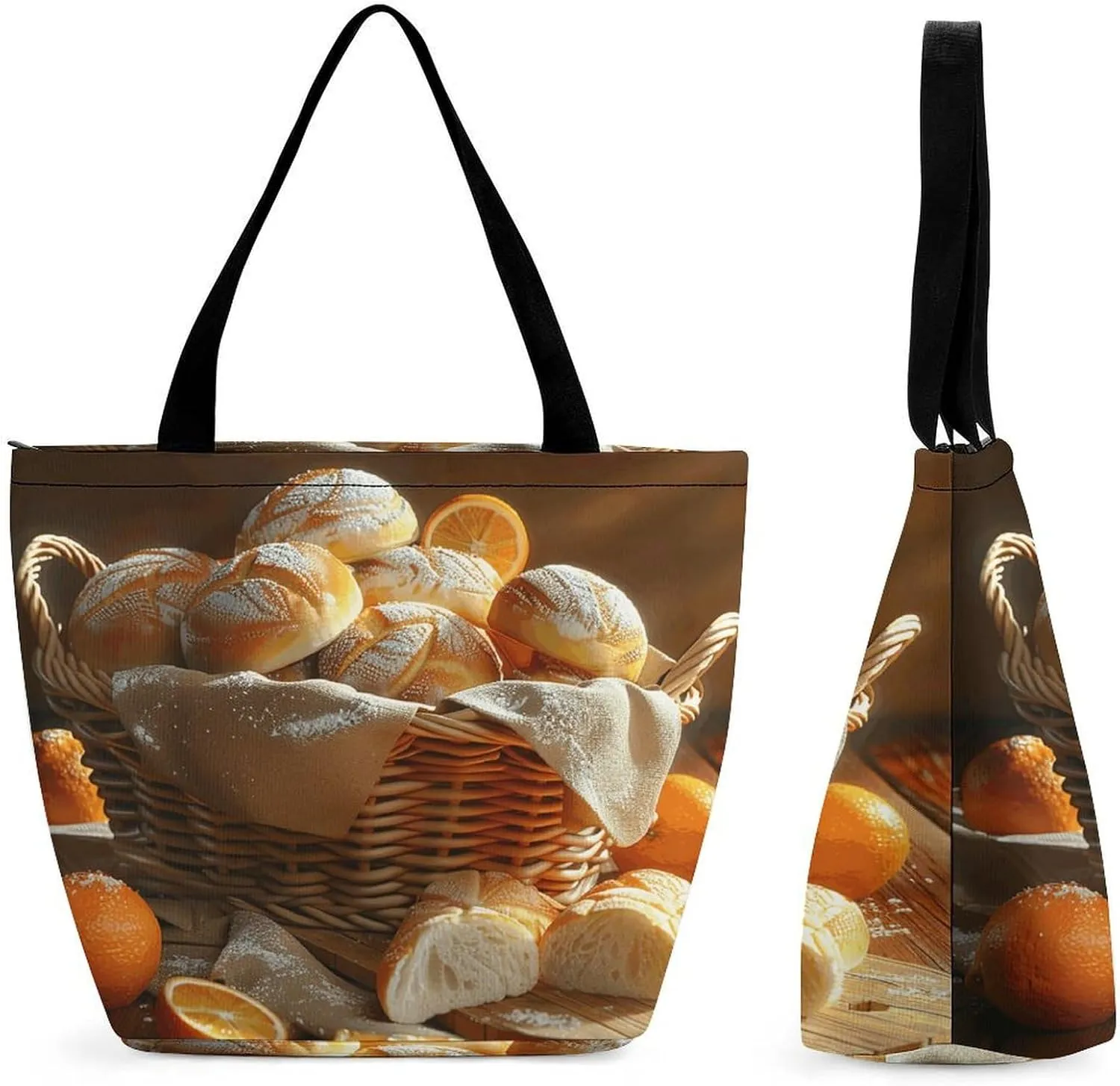 Tote Bags for Women Basket of Bread Versatile Shoulder Bag with Zipper Large Capacity Handbag Beach Bag Reusable Grocery Bag for Shopping Travel Commuting