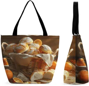 Tote Bags for Women Basket of Bread Versatile Shoulder Bag with Zipper Large Capacity Handbag Beach Bag Reusable Grocery Bag for Shopping Travel Commuting