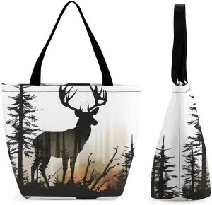 Tote Bags for Women Deer Silhouette Versatile Shoulder Bag with Zipper Large Capacity Handbag Beach Bag Reusable Grocery Bag for Shopping Travel Commuting
