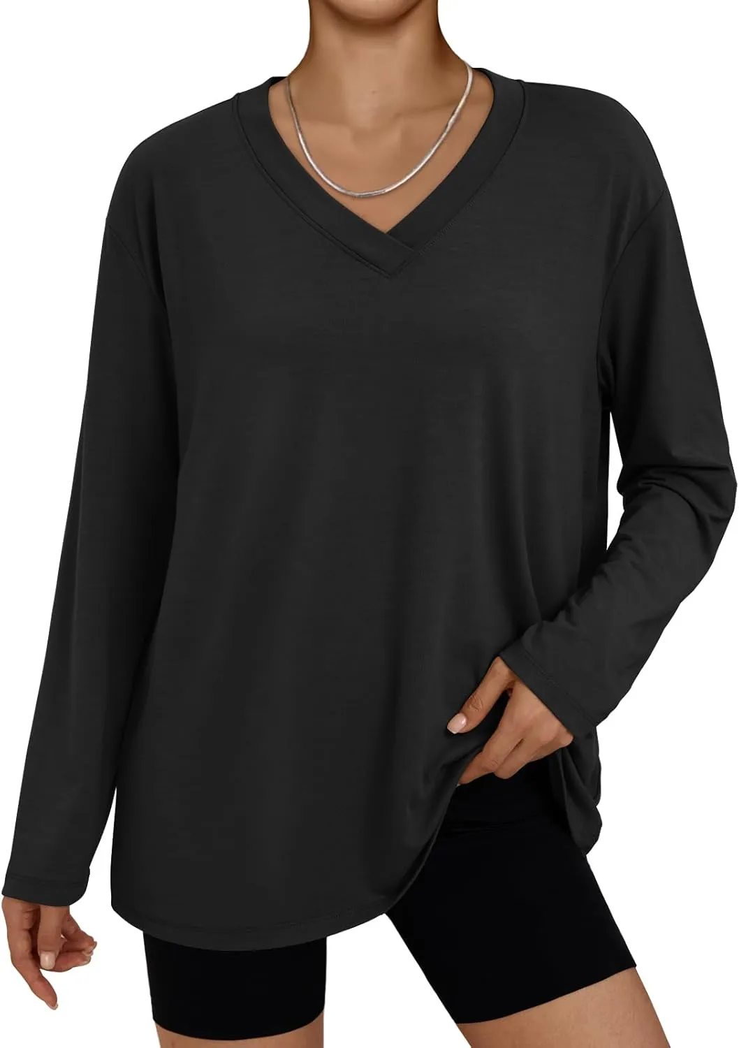 Trendy Queen Oversized Tshirts for Women Workout Plus Size Gym Tops V Neck Long Sleeve T Shirts Spring Casual Basic Tees