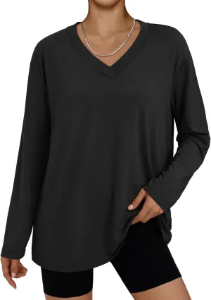 Trendy Queen Oversized Tshirts for Women Workout Plus Size Gym Tops V Neck Long Sleeve T Shirts Spring Casual Basic Tees