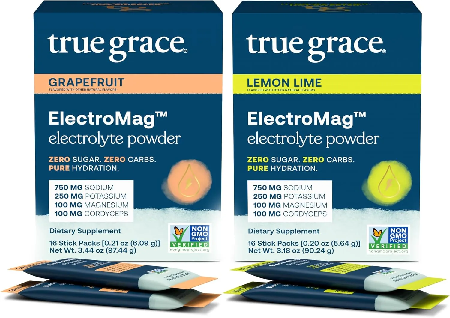 True Grace ElectroMag - Grapefruit (16 Stick Packs)   Lemon Lime (16 Stick Packs) - Electrolyte Powder for Rapid Hydration - Zero Sugar & Carbs - Non-GMO - 32 Total Servings