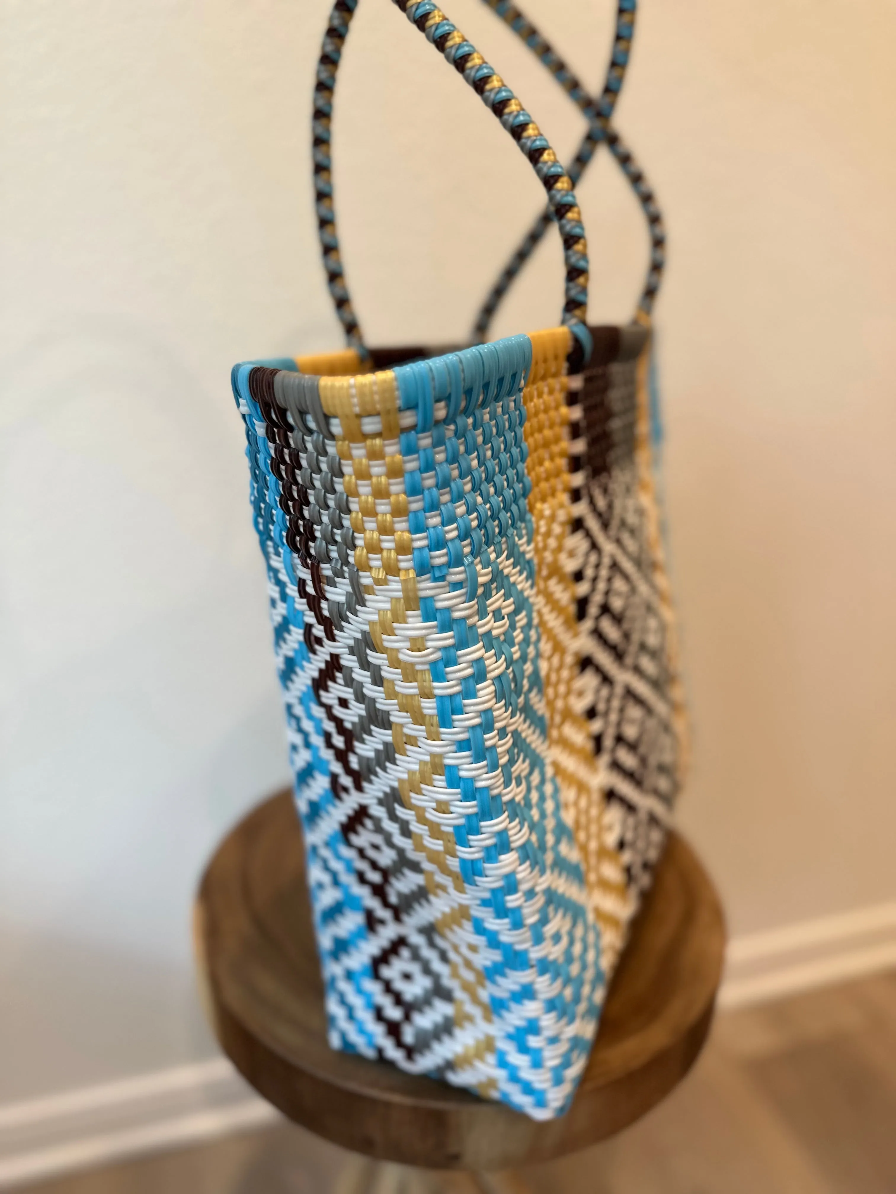 Turquoise, Black, Gold and White Woven Tote