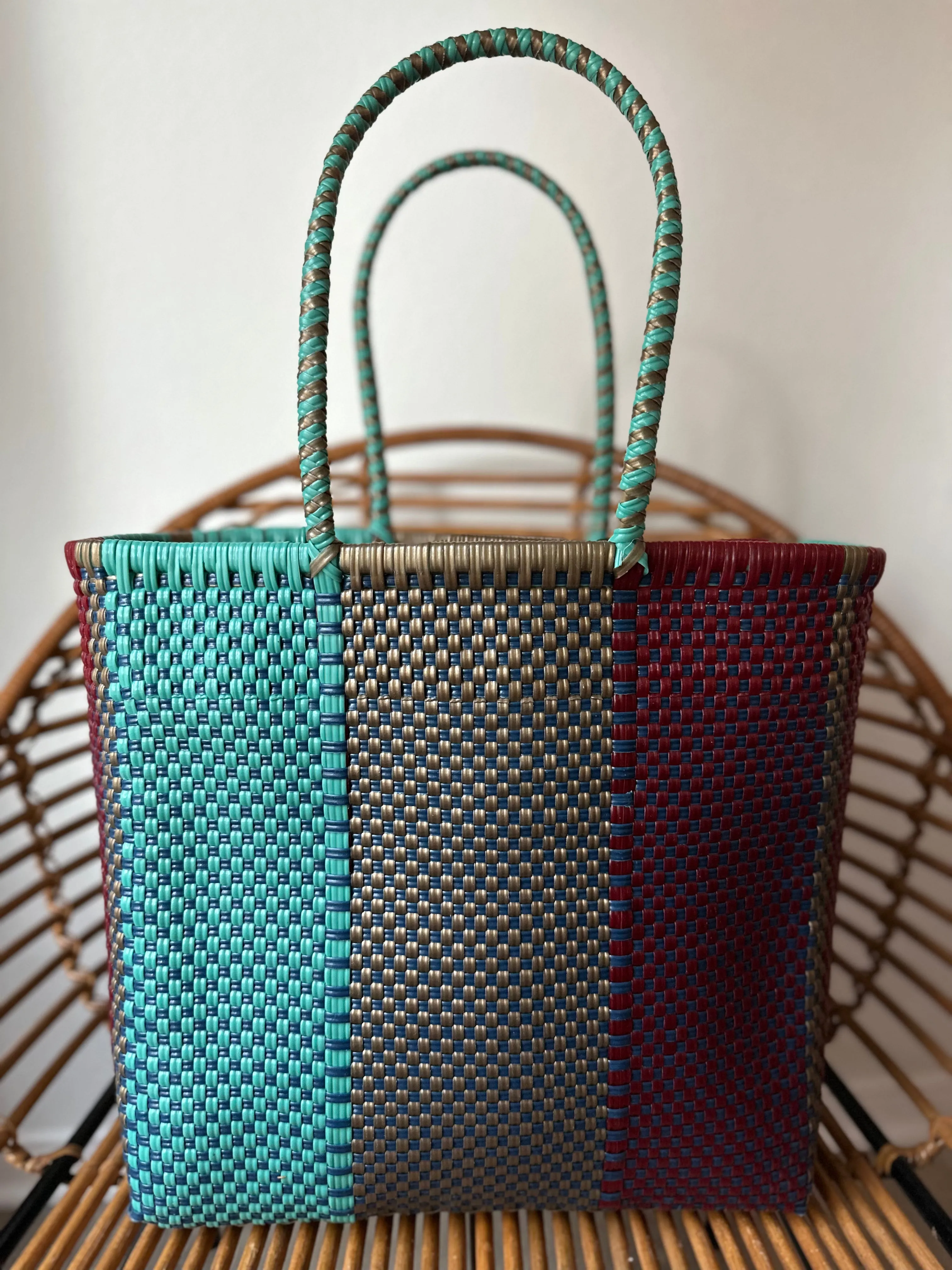 Turquoise, Maroon and Bronze Woven Tote