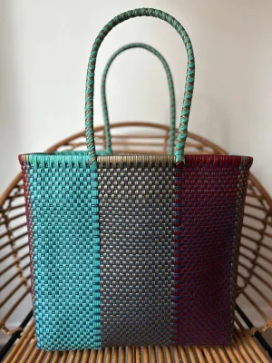 Turquoise, Maroon and Bronze Woven Tote