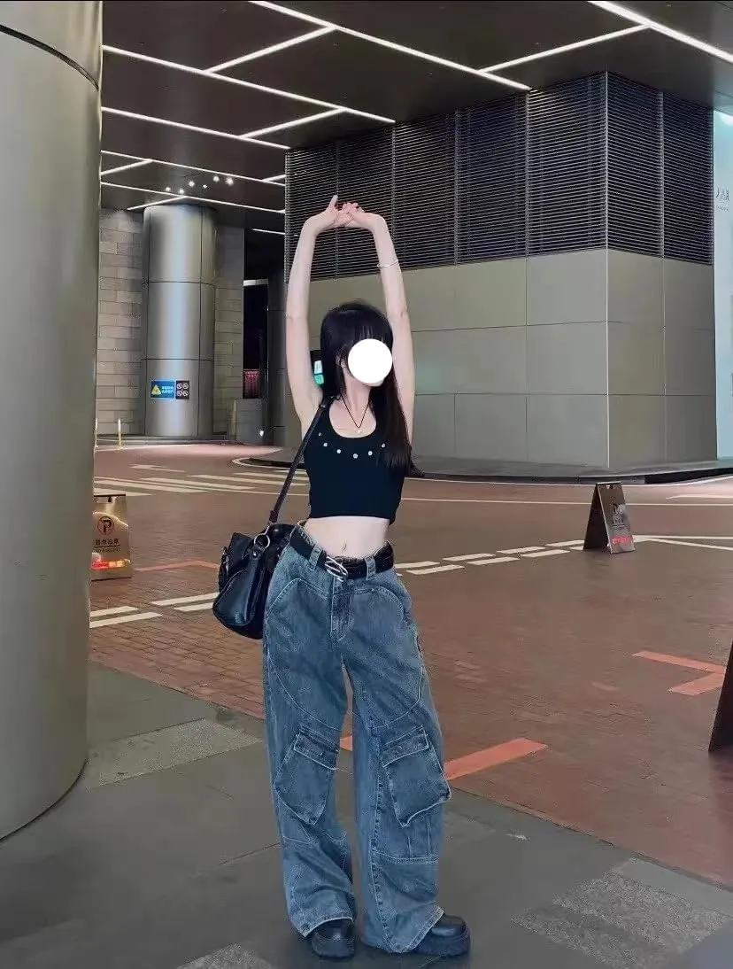 Unisex Big Pocket Baggy Jeans Street Cargo Y2k Punk Wide Leg Oversized Loose Casual Hiphop Grunge Denim Goth Pants