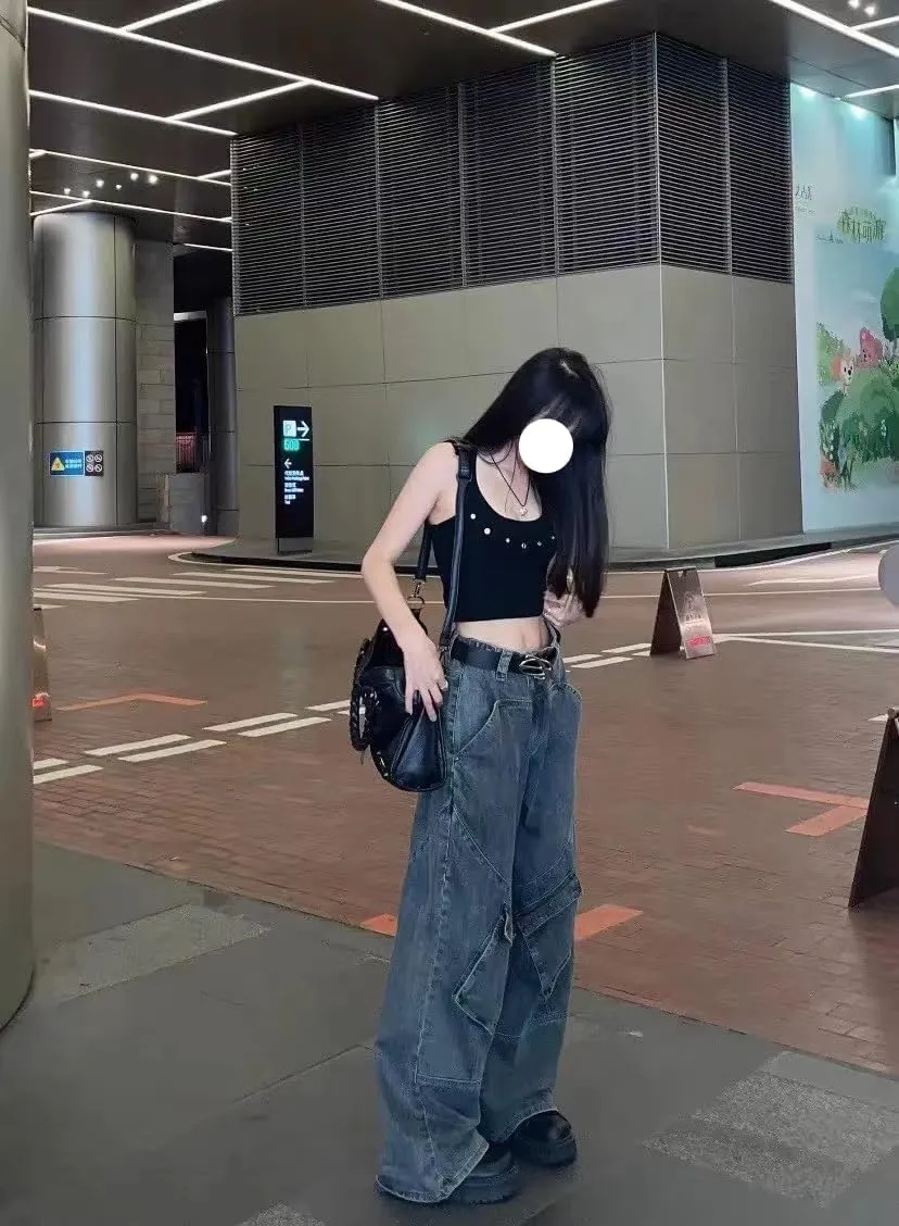 Unisex Big Pocket Baggy Jeans Street Cargo Y2k Punk Wide Leg Oversized Loose Casual Hiphop Grunge Denim Goth Pants