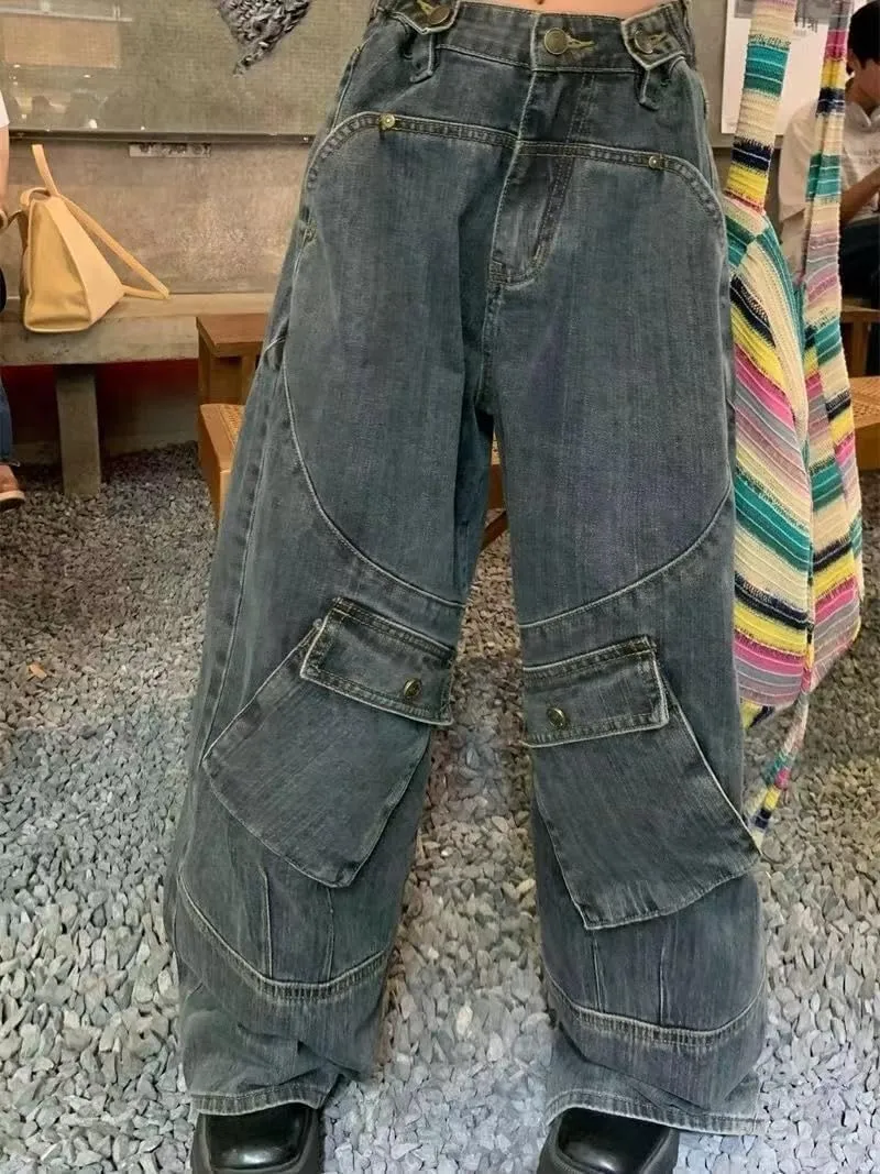 Unisex Big Pocket Baggy Jeans Street Cargo Y2k Punk Wide Leg Oversized Loose Casual Hiphop Grunge Denim Goth Pants