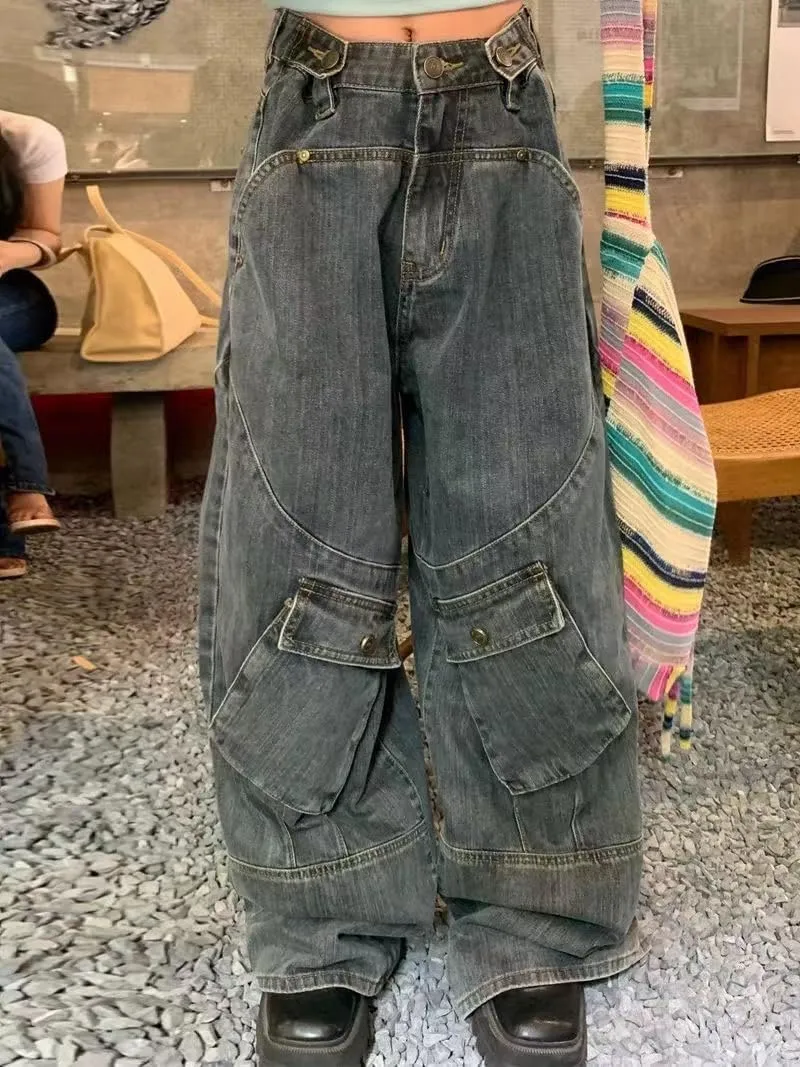Unisex Big Pocket Baggy Jeans Street Cargo Y2k Punk Wide Leg Oversized Loose Casual Hiphop Grunge Denim Goth Pants