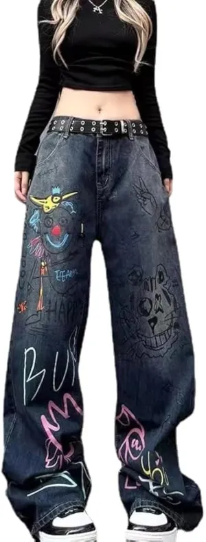 Unisex Graffiti Baggy Jeans Grunge Hiphop Streetwear Harajuku Y2k High Waist Denim Wide Trousers Aesthetic Pants Vintage