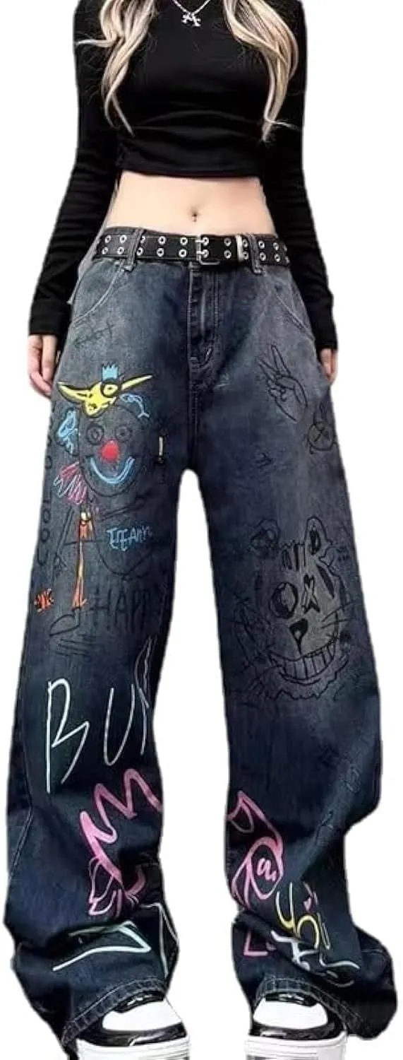 Unisex Graffiti Baggy Jeans Grunge Hiphop Streetwear Harajuku Y2k High Waist Denim Wide Trousers Aesthetic Pants Vintage