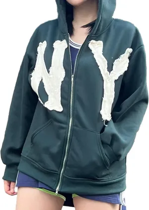 Unisex Letter Embroidery Trendy Hoodies Zip Up Casual Overszie Colorful Y2K Hip Hop Streetwear Harajuku Jacket