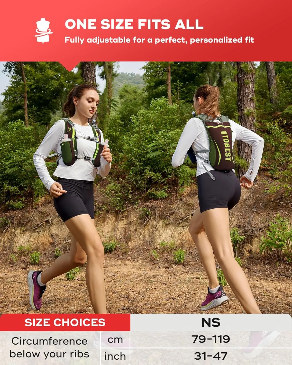 UTOBEST Running Vest, 5L Hydration Vest Lightweight, Breathable and Sweatproof Running Backpack, Adjustable Running Hydration Vest for Trail Running Marathon Race Jogging Cycling