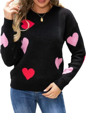 Valentine Sweater for Women Romantic Oversized Heart Print Long Sleeve Crew Neck Sweatshirt Casual Cute Pullover Top