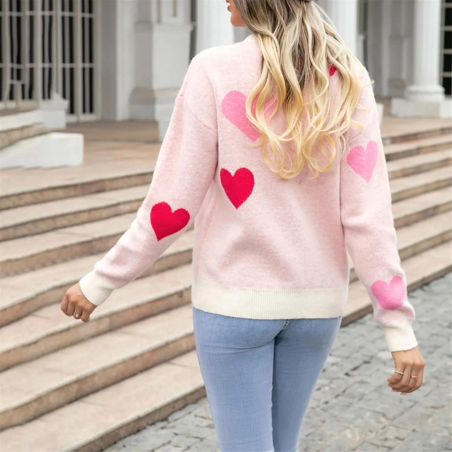 Valentine Sweater for Women Romantic Oversized Heart Print Long Sleeve Crew Neck Sweatshirt Casual Cute Pullover Top
