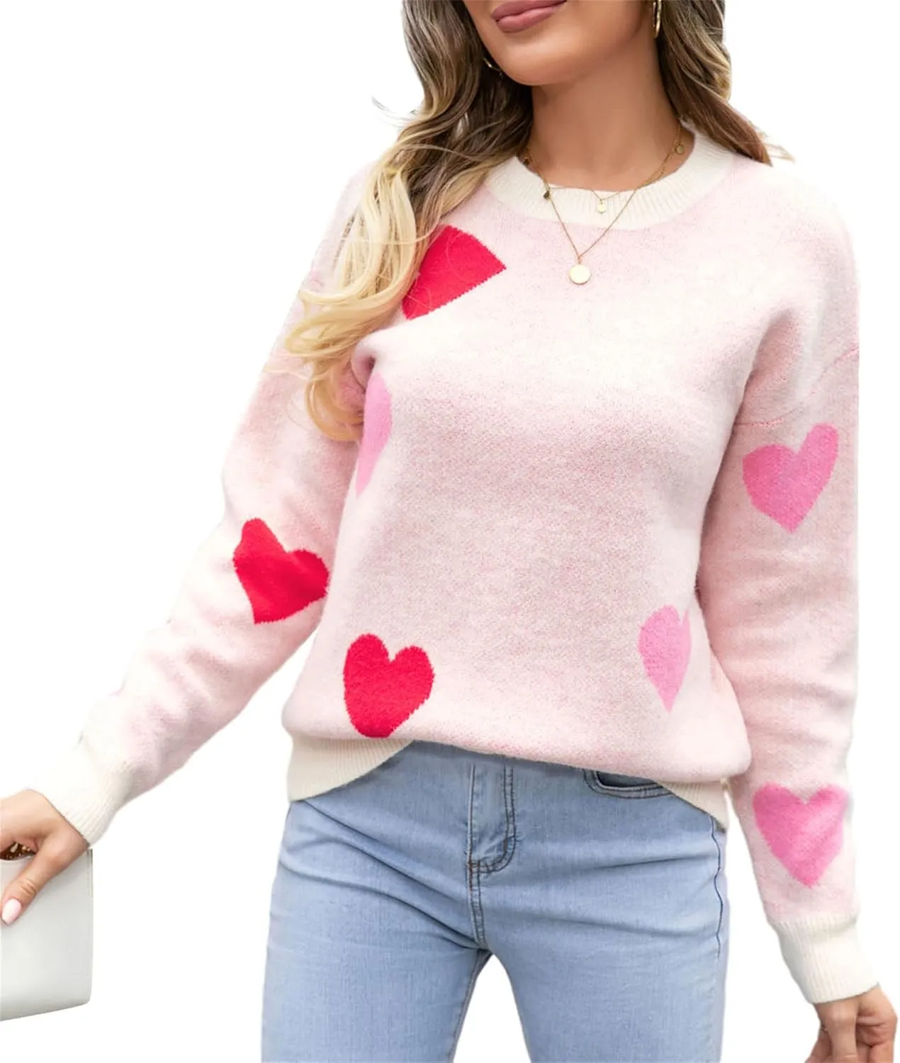 Valentine Sweater for Women Romantic Oversized Heart Print Long Sleeve Crew Neck Sweatshirt Casual Cute Pullover Top
