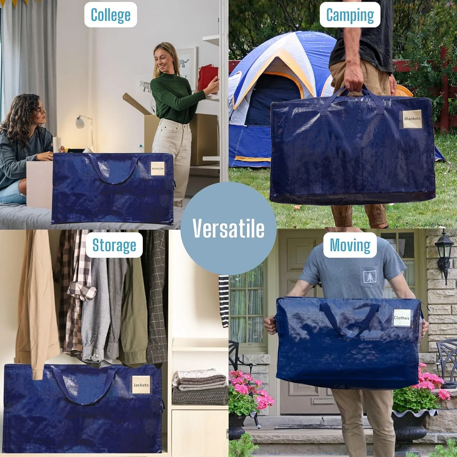 VENO 10 Pack Moving and Storage Bags, Heavy Duty, Alternative to Moving Boxes, Large Packing Totes Supplies for College Dorm Room with Zipper for Clothes, Wide Open Design (Blue, 10 Pack)