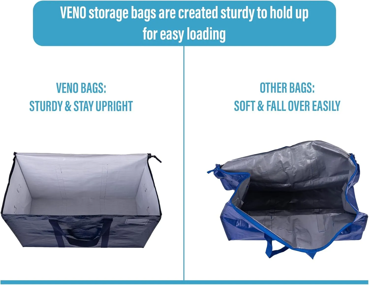 VENO 10 Pack Moving Bags, Heavy Duty, Moving Boxes Alternative, Packing Storage Supplies for Dorm Room Essentials with Zipper for Clothes, Extra Large Totes for Packaging (Blue, 10 Pack)