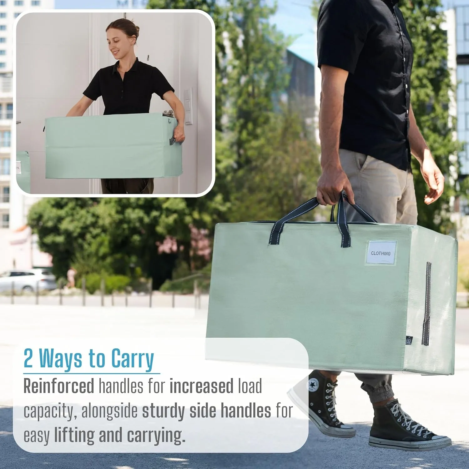 VENO 2 Pack Moving and Storage Bags, Heavy Duty, Alternative to Moving Boxes, Large Packing Totes Supplies for College Dorm Room with Zipper for Clothes, Wide Open Design (Shiny Light Green, 2 Pack)