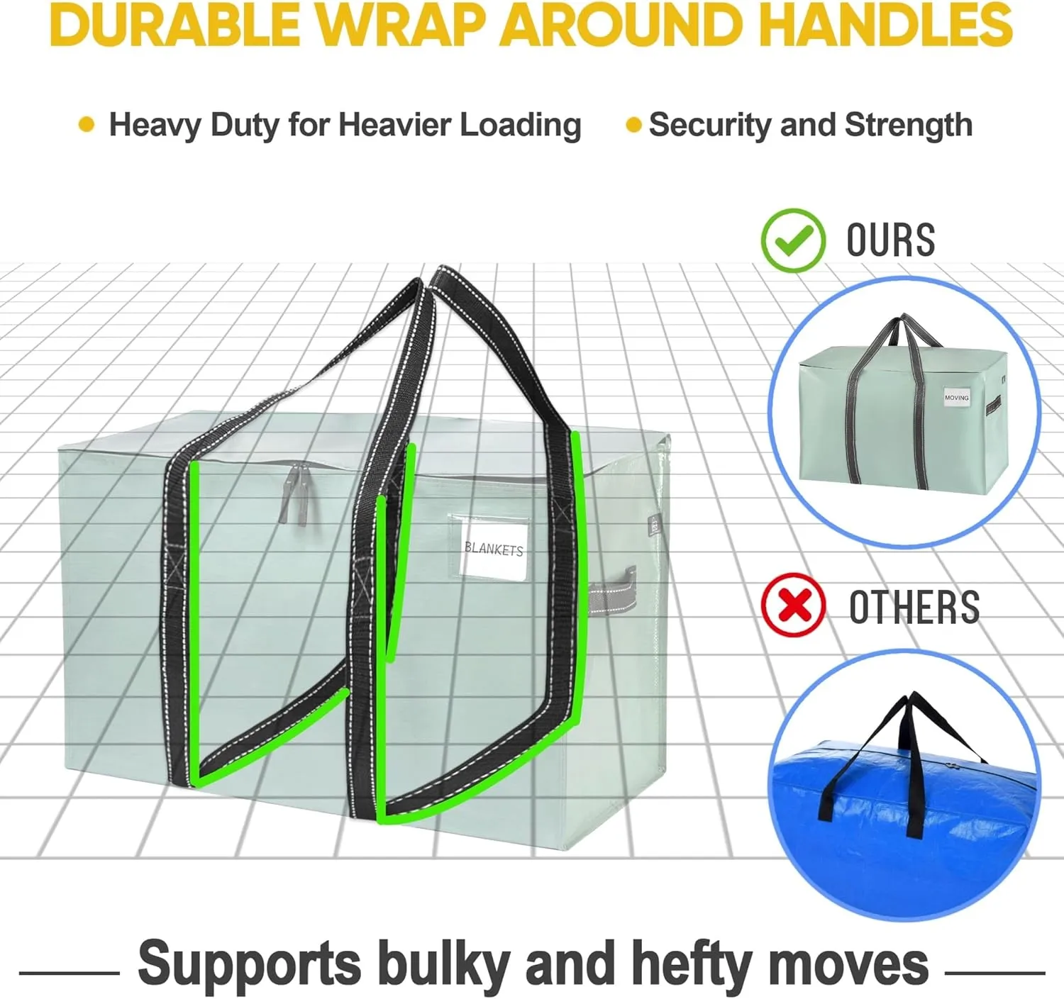 VENO 2 Pack Moving Bags, Heavy Duty, Moving Boxes Alternative, Packing Storage Supplies for Dorm Room Essentials with Zipper for Clothes, Extra Large Totes for Packaging (Shiny Light Green, 2 Pack)