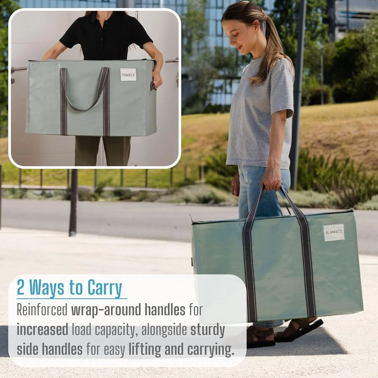 VENO 2 Pack Moving Bags, Heavy Duty, Moving Boxes Alternative, Packing Storage Supplies for Dorm Room Essentials with Zipper for Clothes, Extra Large Totes for Packaging (Shiny Light Green, 2 Pack)