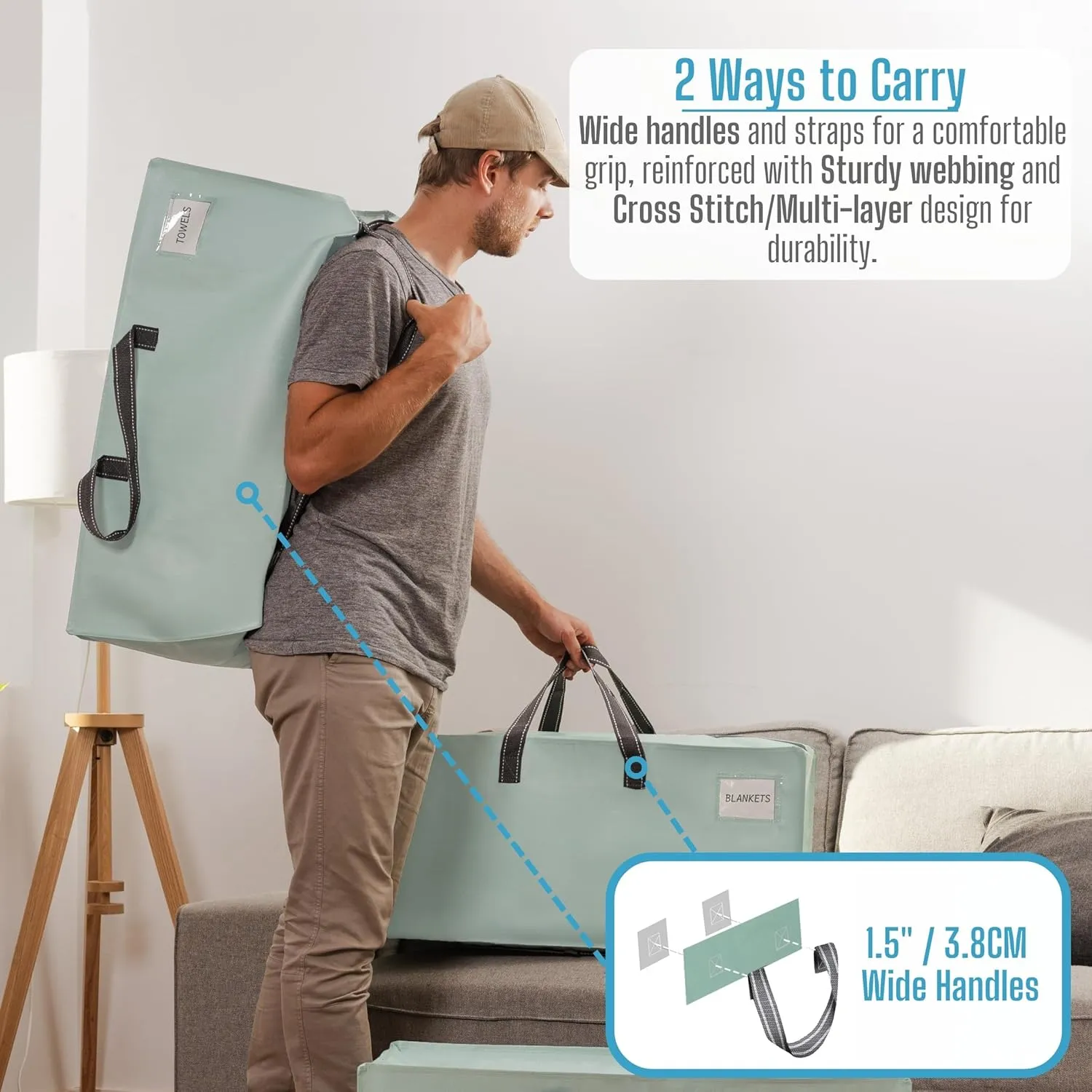 VENO 2 Pack Moving Bags w/Backpack Straps, Heavy Duty, Moving Boxes Alternative, Packing Supplies, Large Storage Totes for Dorm Room Essentials with Zipper for Clothes (Light Green Matte, 2 Pack)