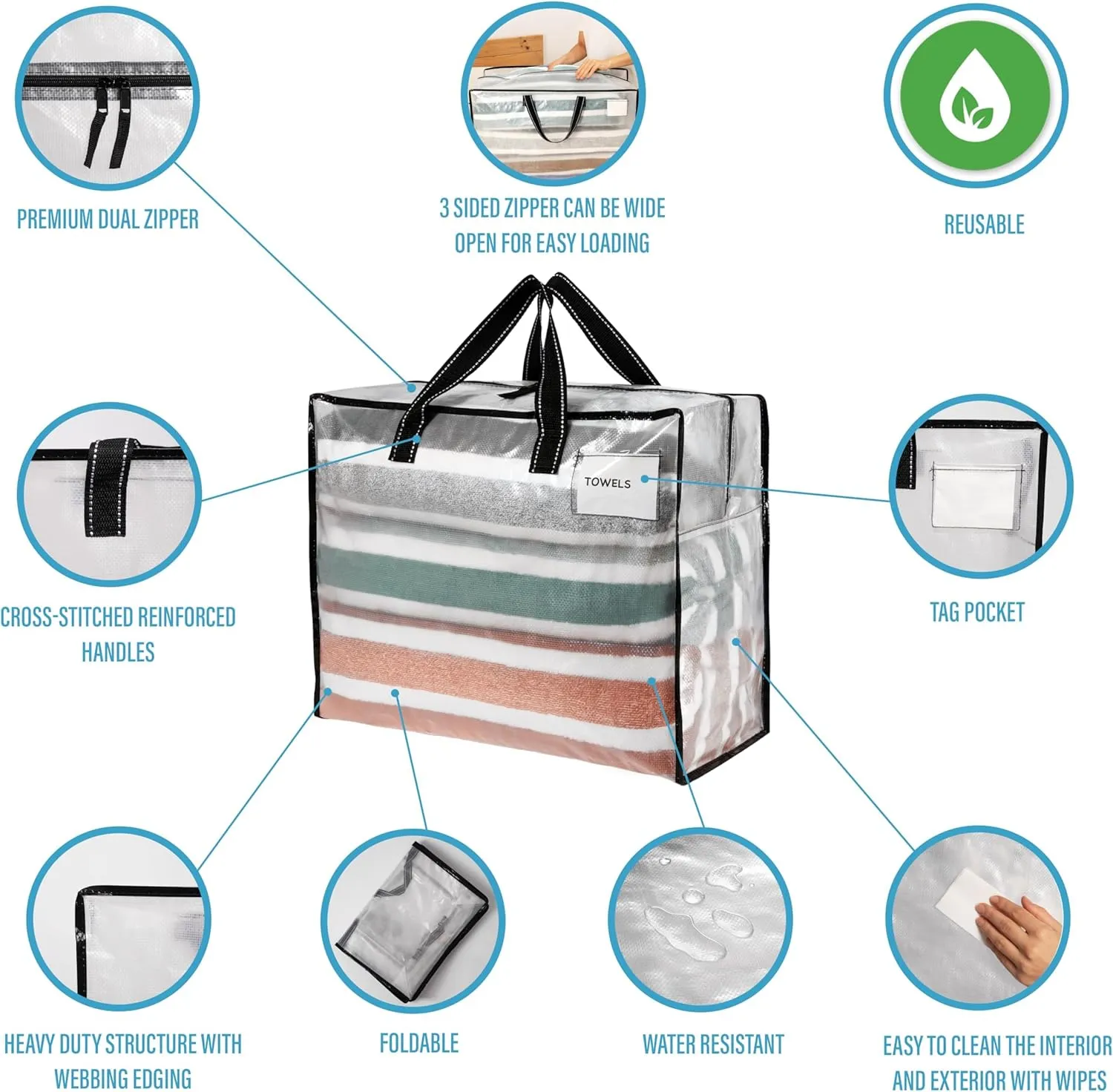 VENO 4 Pack Heavy Duty Moving Bags, Storage Bags, Packing Supplies, Top Zipper, Storage Totes for Camping, Clothes, Bedding, Comforters, Pillows (13 Gallon Clear, 4 Pack)
