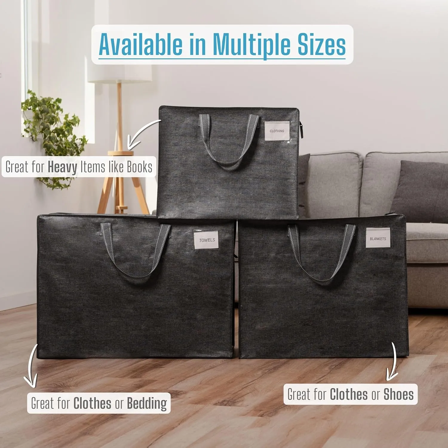 VENO 4 Pack Heavy Duty Moving Bags, Storage Bags, Packing Supplies, Top Zipper, Storage Totes for Camping, Clothes, Bedding, Comforters, Pillows (13 Gallon Dark Gray, 4 Pack)