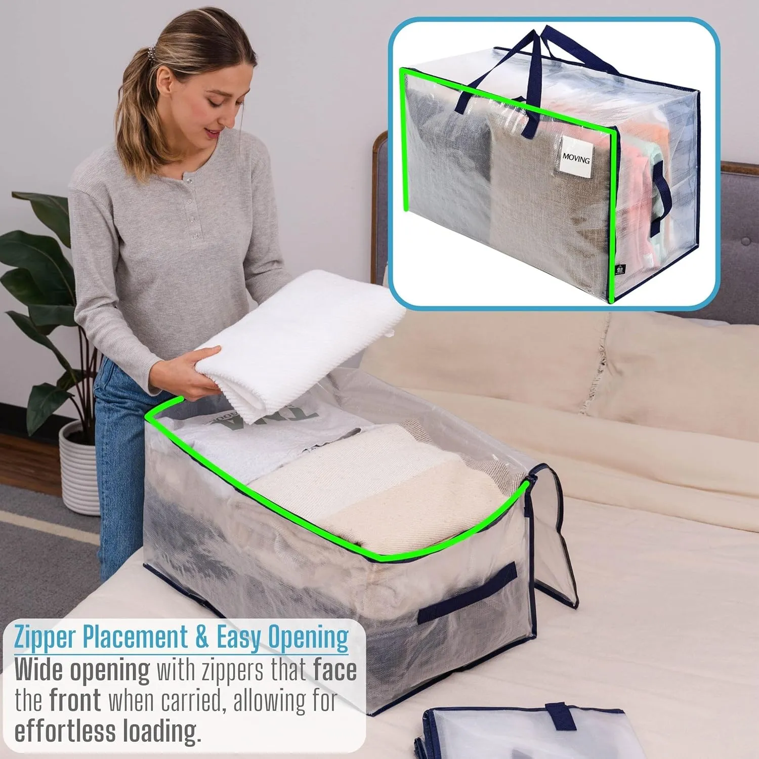 VENO 4 Pack Moving and Storage Bags, Heavy Duty, Alternative to Moving Boxes, Large Packing Totes Supplies for College Dorm Room with Zipper for Clothes, Wide Open Design (Clear, 4 Pack)