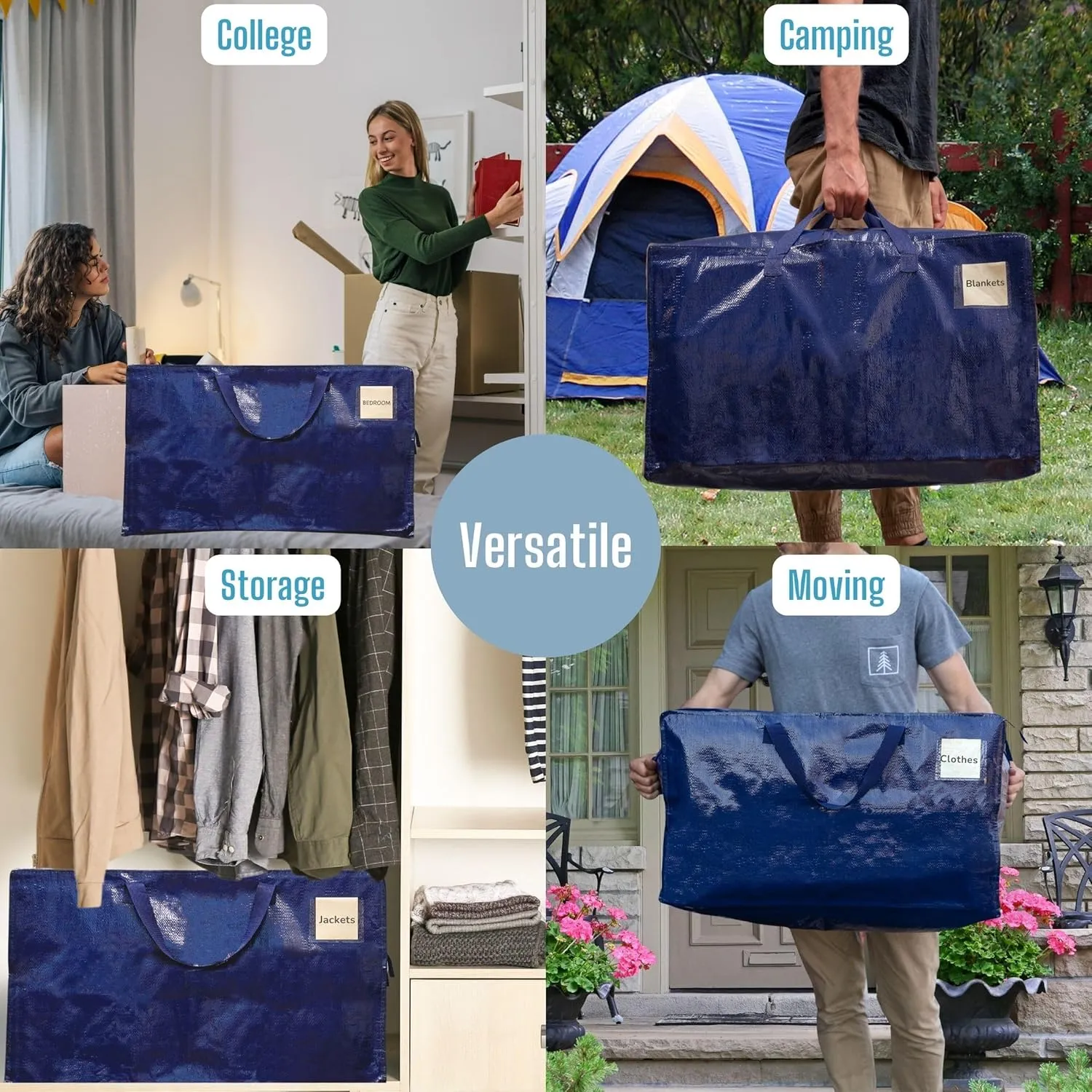 VENO 6 Pack Moving and Storage Bags, Heavy Duty, Alternative to Moving Boxes, Large Packing Totes Supplies for College Dorm Room with Zipper for Clothes, Wide Open Design (Blue, 6 Pack)