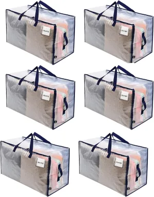 VENO 6 Pack Moving and Storage Bags, Heavy Duty, Alternative to Moving Boxes, Large Packing Totes Supplies for College Dorm Room with Zipper for Clothes, Wide Open Design (Clear, 6 Pack)
