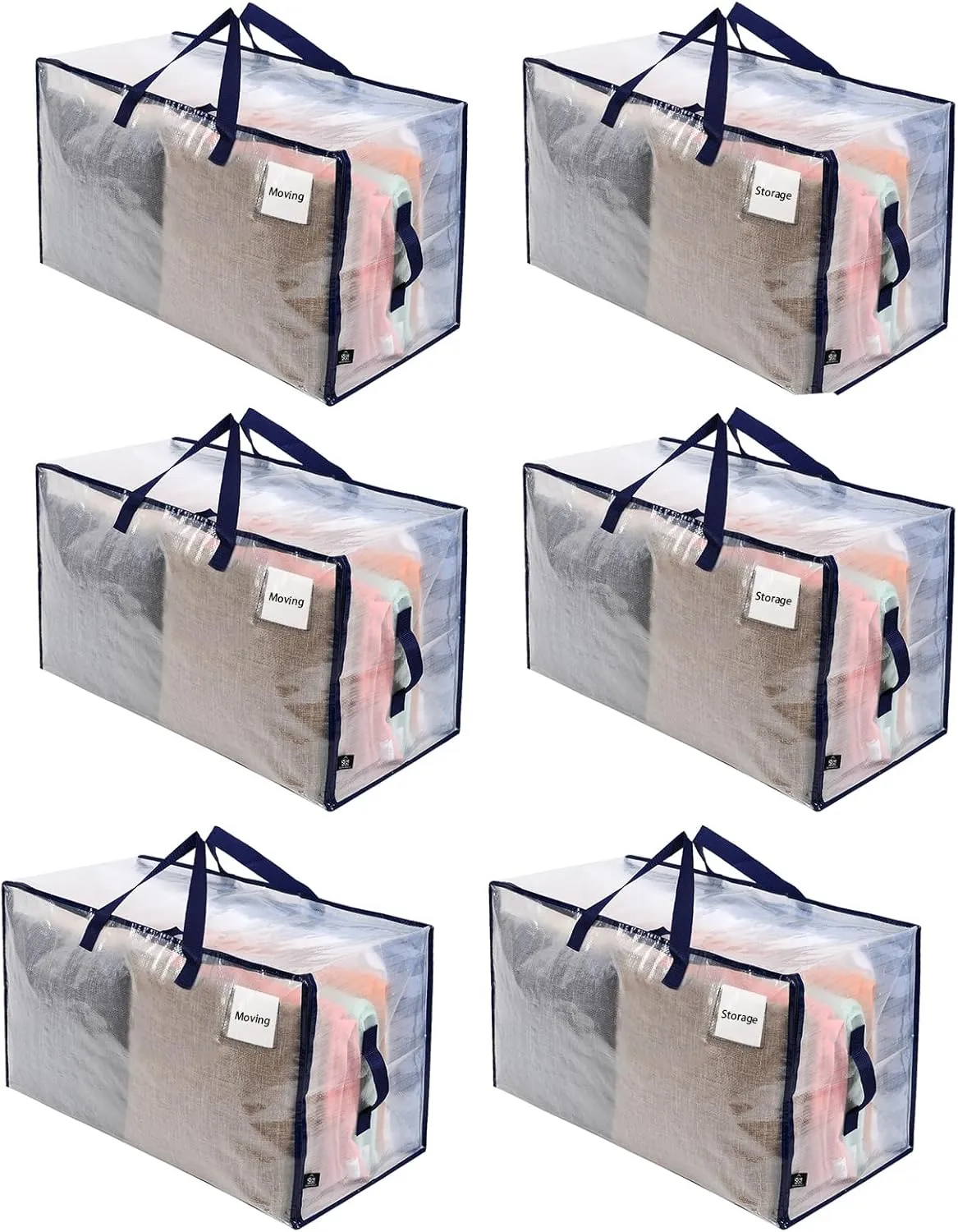 VENO 6 Pack Moving and Storage Bags, Heavy Duty, Alternative to Moving Boxes, Large Packing Totes Supplies for College Dorm Room with Zipper for Clothes, Wide Open Design (Clear, 6 Pack)