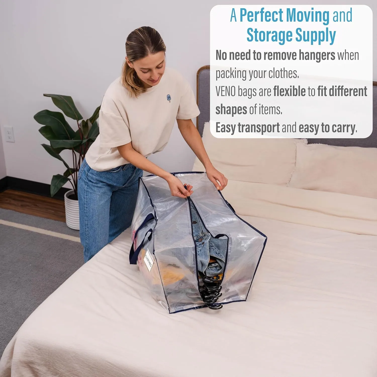 VENO 6 Pack Moving Bags w/Backpack Straps, Heavy Duty, Moving Boxes Alternative, Packing Supplies, Large Storage Totes for Dorm Room Essentials with Zipper for Clothes (Clear, 6 Pack)