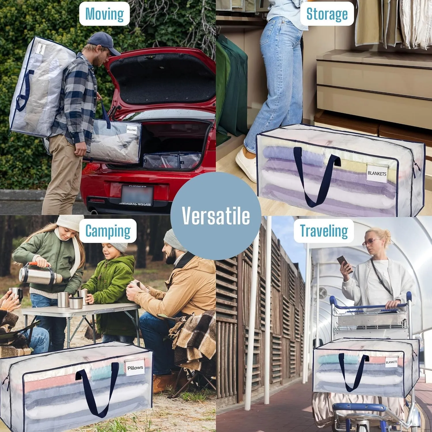 VENO 6 Pack Moving Bags w/Backpack Straps, Heavy Duty, Moving Boxes Alternative, Packing Supplies, Large Storage Totes for Dorm Room Essentials with Zipper for Clothes (Clear, 6 Pack)