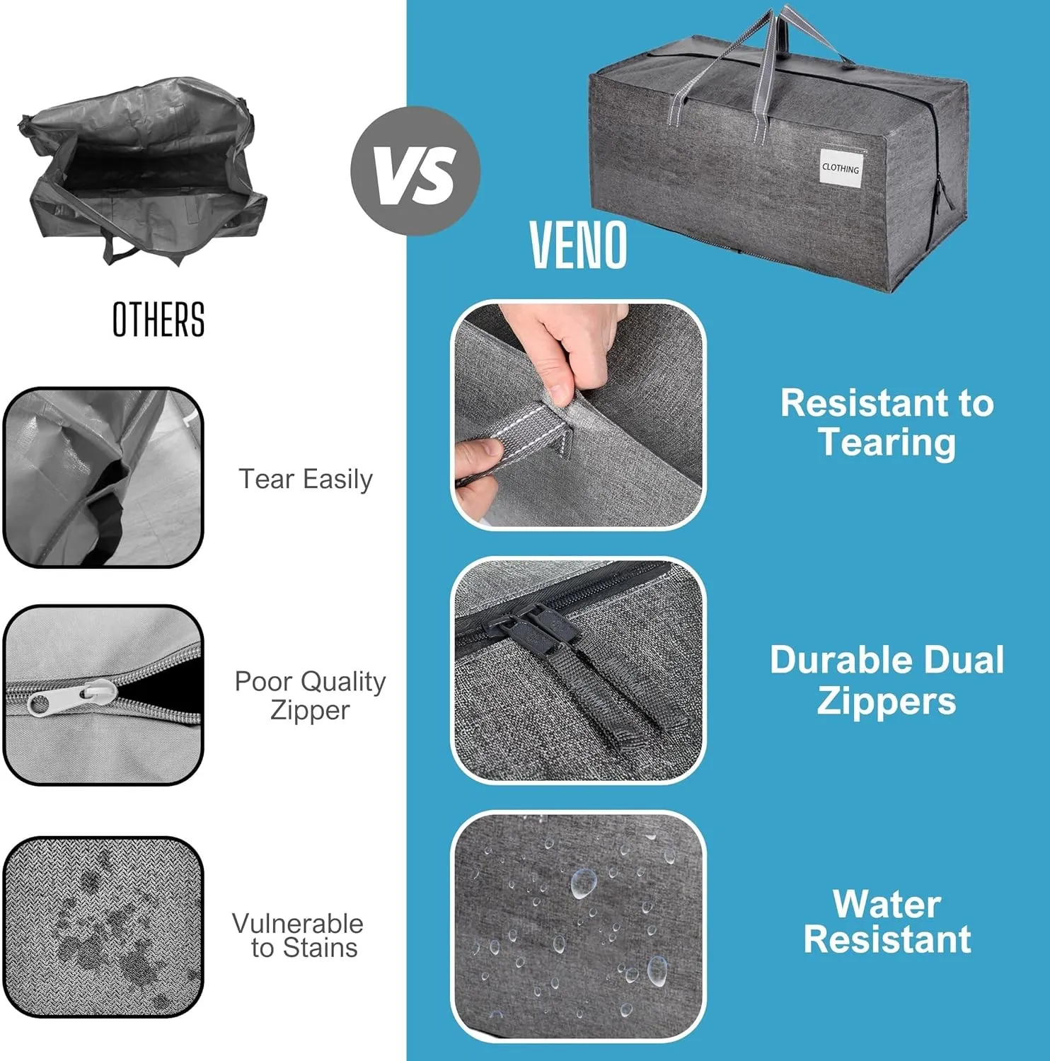 VENO 6 Pack Moving Bags w/Backpack Straps, Heavy Duty, Moving Boxes Alternative, Packing Supplies, Large Storage Totes for Dorm Room Essentials with Zipper for Clothes (Gray, 6 Pack)