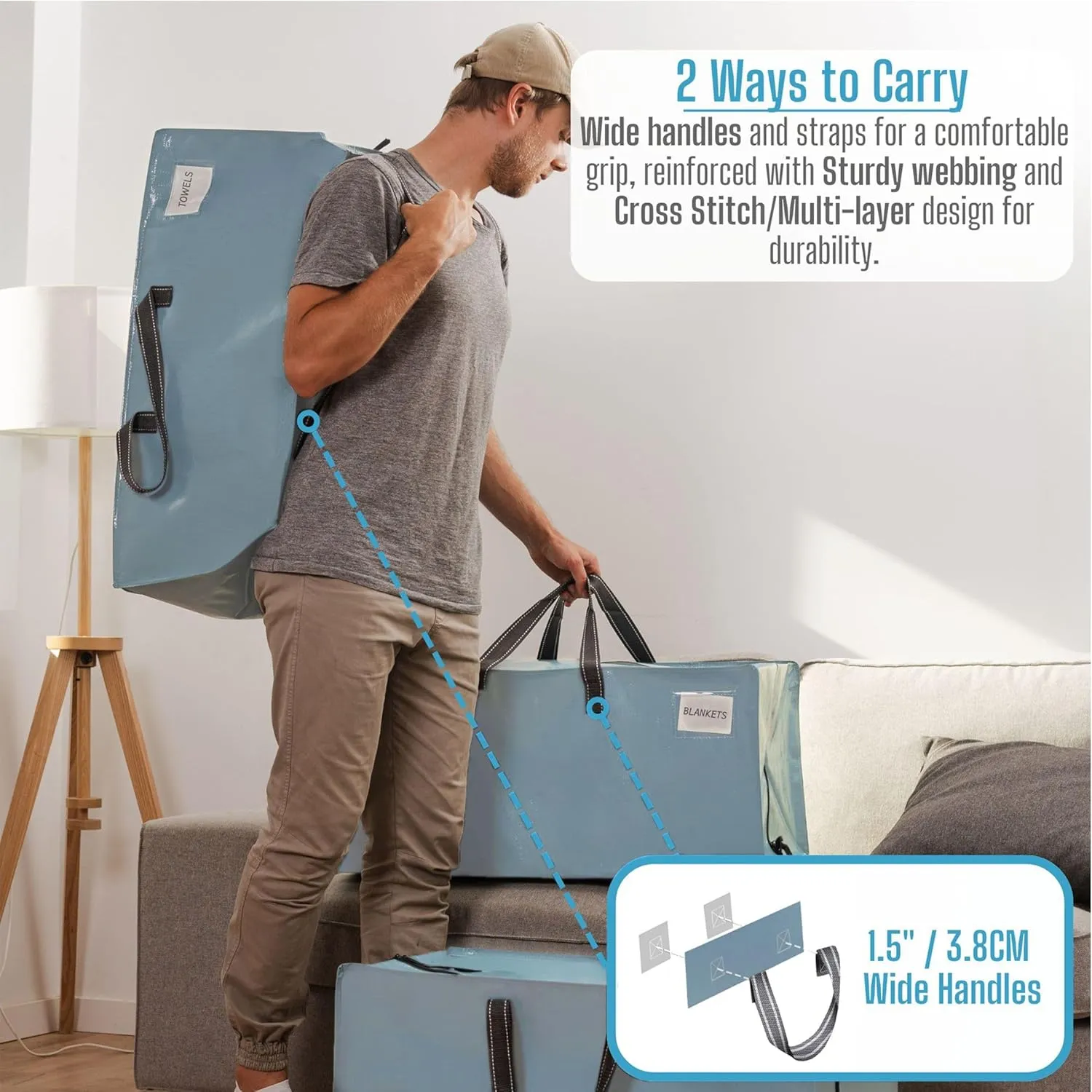 VENO 6 Pack Moving Bags w/Backpack Straps, Heavy Duty, Moving Boxes Alternative, Packing Supplies, Large Storage Totes for Dorm Room Essentials with Zipper for Clothes (Shiny Light Blue, 6 Pack)
