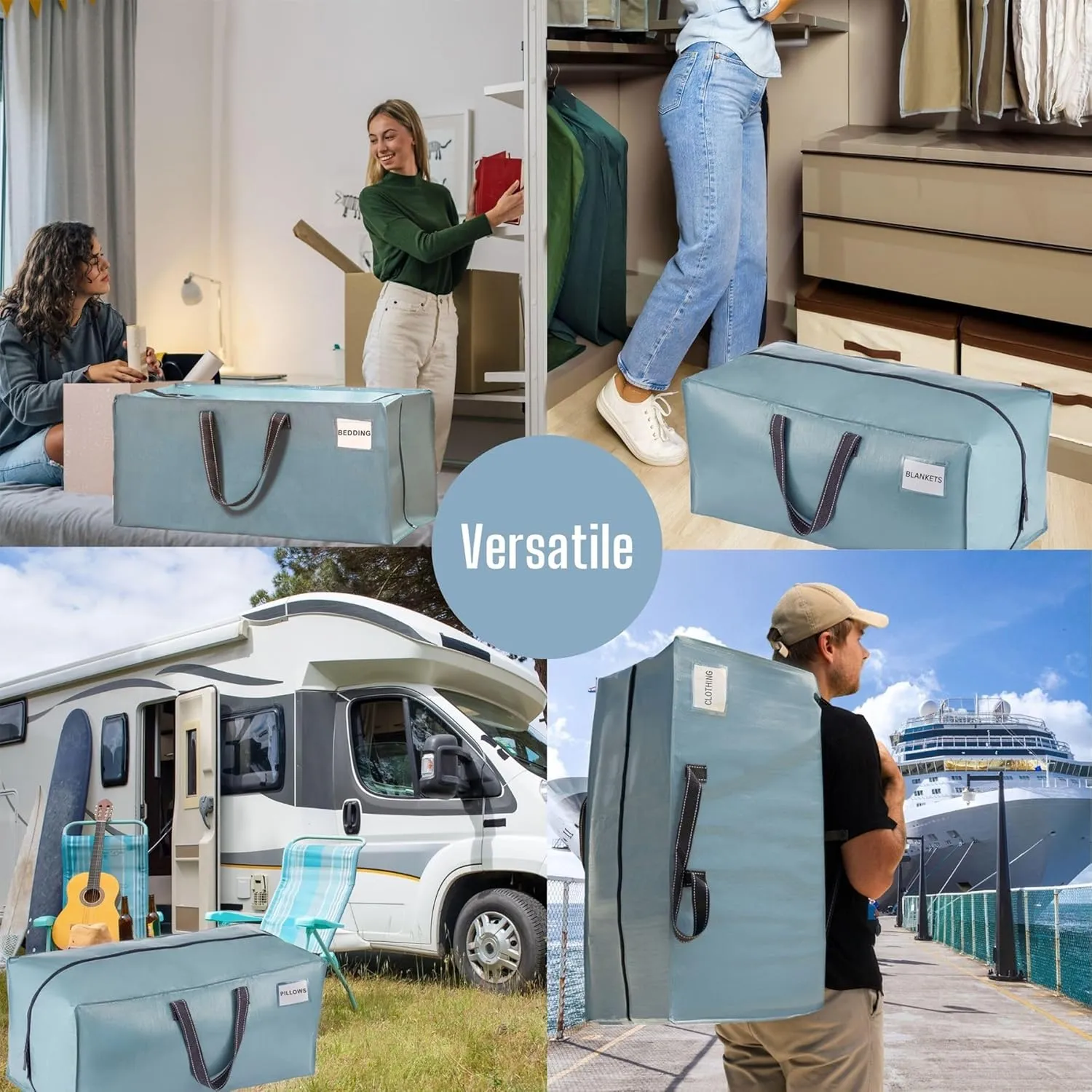 VENO 6 Pack Moving Bags w/Backpack Straps, Heavy Duty, Moving Boxes Alternative, Packing Supplies, Large Storage Totes for Dorm Room Essentials with Zipper for Clothes (Shiny Light Blue, 6 Pack)