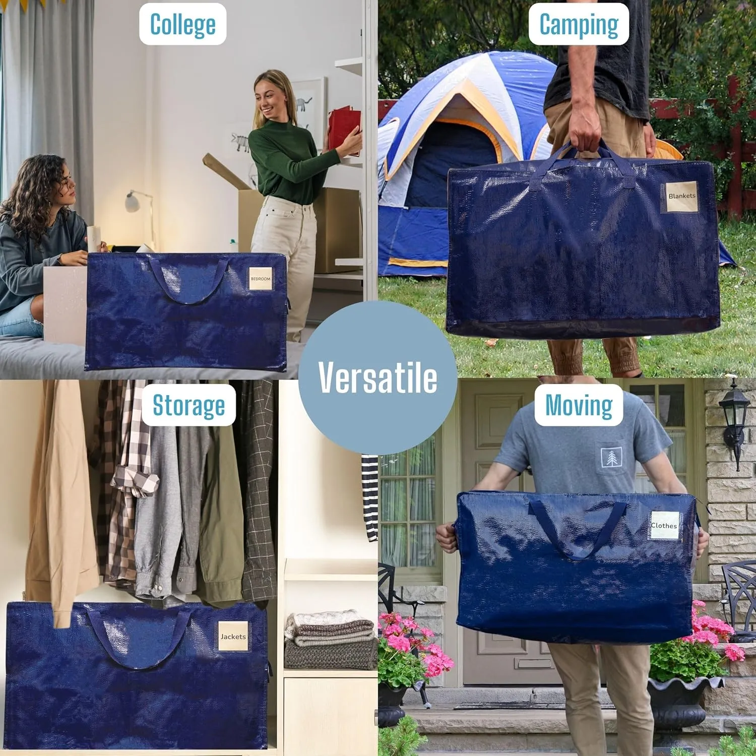 VENO 8 Pack Moving and Storage Bags, Heavy Duty, Alternative to Moving Boxes, Large Packing Totes Supplies for College Dorm Room with Zipper for Clothes, Wide Open Design (Blue, 8 Pack)