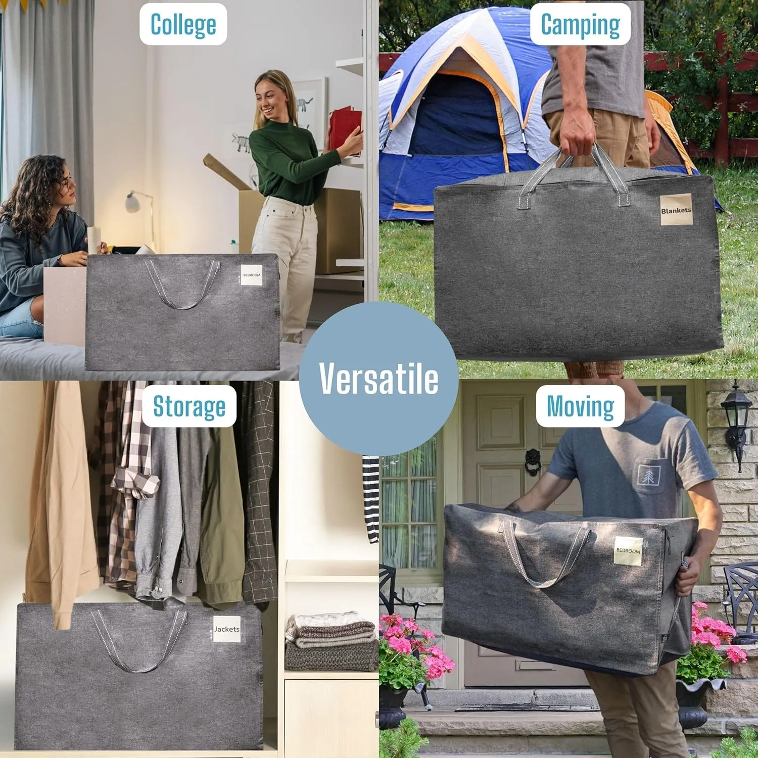 VENO 8 Pack Moving and Storage Bags, Heavy Duty, Alternative to Moving Boxes, Large Packing Totes Supplies for College Dorm Room with Zipper for Clothes, Wide Open Design (Dark Gray, 8 Pack)
