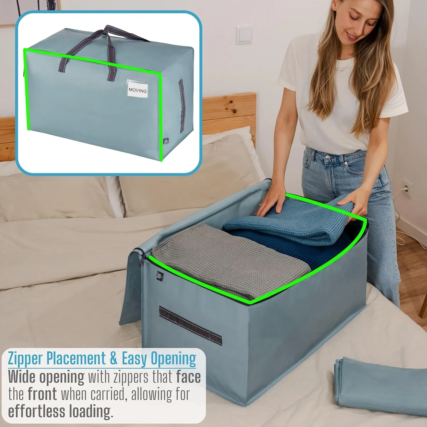 VENO 8 Pack Moving and Storage Bags, Heavy Duty, Alternative to Moving Boxes, Large Packing Totes Supplies for College Dorm Room with Zipper for Clothes, Wide Open Design (Light Blue Matte, 8 Pack)