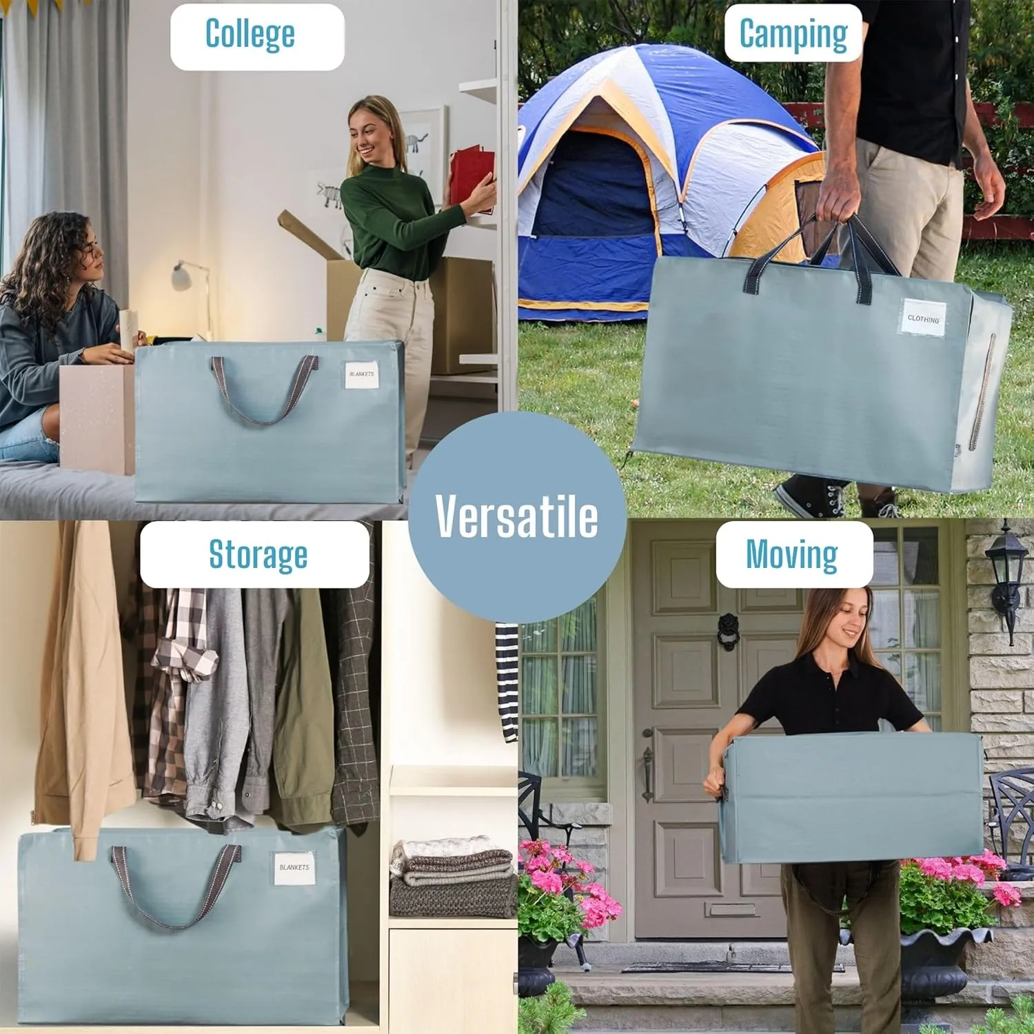 VENO 8 Pack Moving and Storage Bags, Heavy Duty, Alternative to Moving Boxes, Large Packing Totes Supplies for College Dorm Room with Zipper for Clothes, Wide Open Design (Light Blue Matte, 8 Pack)