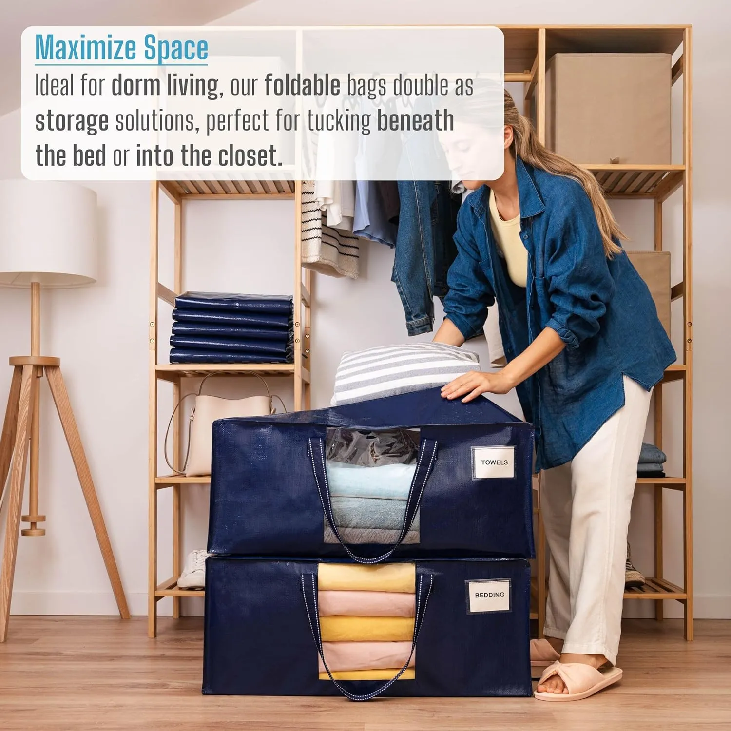 VENO 8 Pack Moving Bags Extra Large Storage Bags for College Move-In, Heavy-Duty Storage Totes, Packing Boxes, and Wardrobe Moving Supplies - Durable Laundry Bags for Clothes (Blue w/Window, 8 Pack)