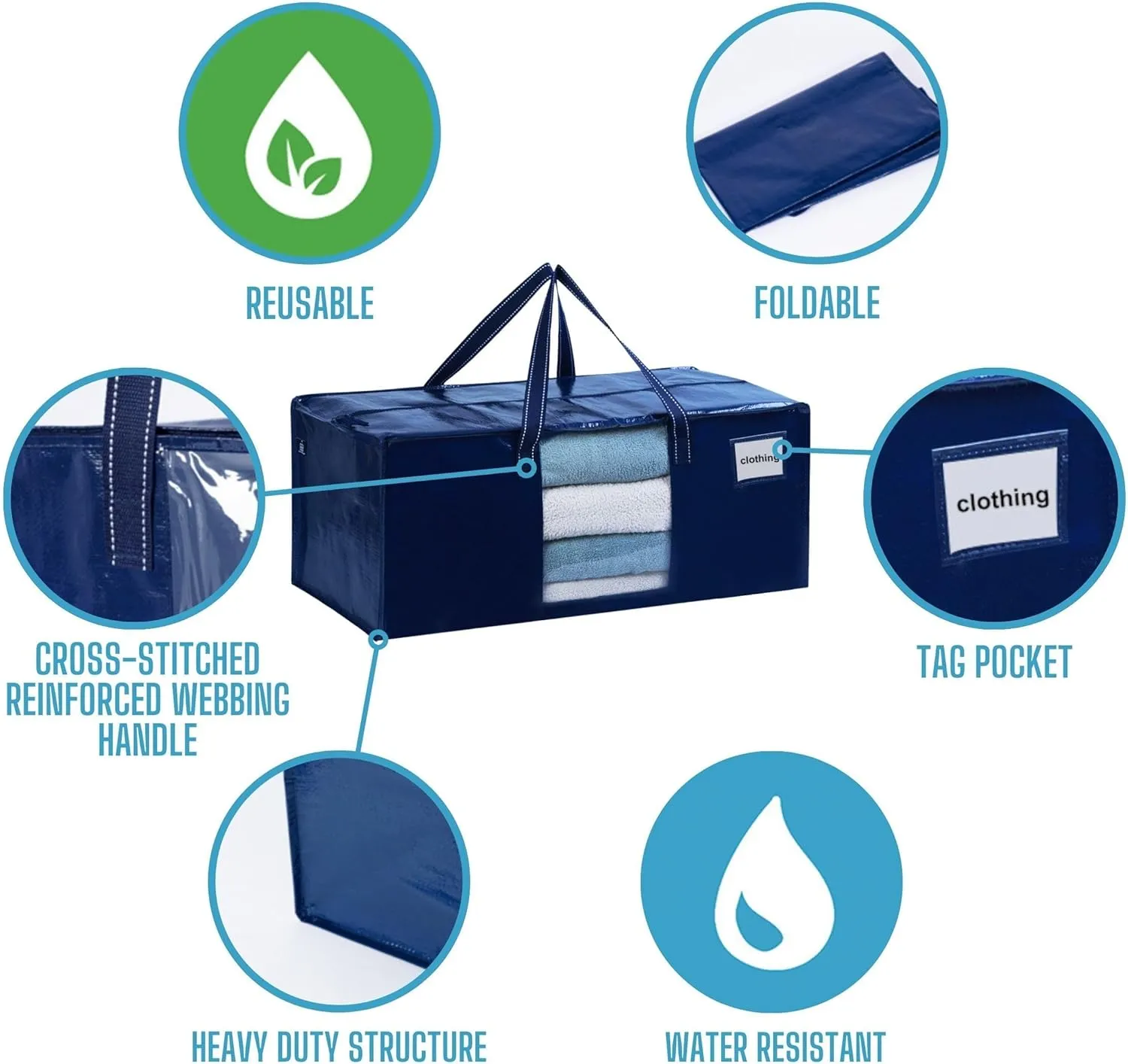VENO 8 Pack Moving Bags Extra Large Storage Bags for College Move-In, Heavy-Duty Storage Totes, Packing Boxes, and Wardrobe Moving Supplies - Durable Laundry Bags for Clothes (Blue w/Window, 8 Pack)