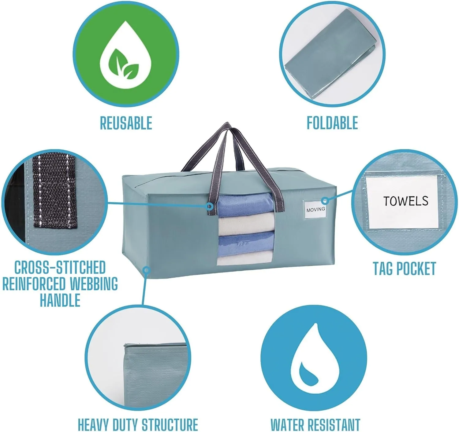 VENO 8 Pack Moving Bags for College, Heavy-Duty Storage Totes, Moving Boxes and Wardrobe Packing Supplies Alternative - Extra Large Durable Laundry Bags for Clothes (Light Blue Matte, 8 Pack)