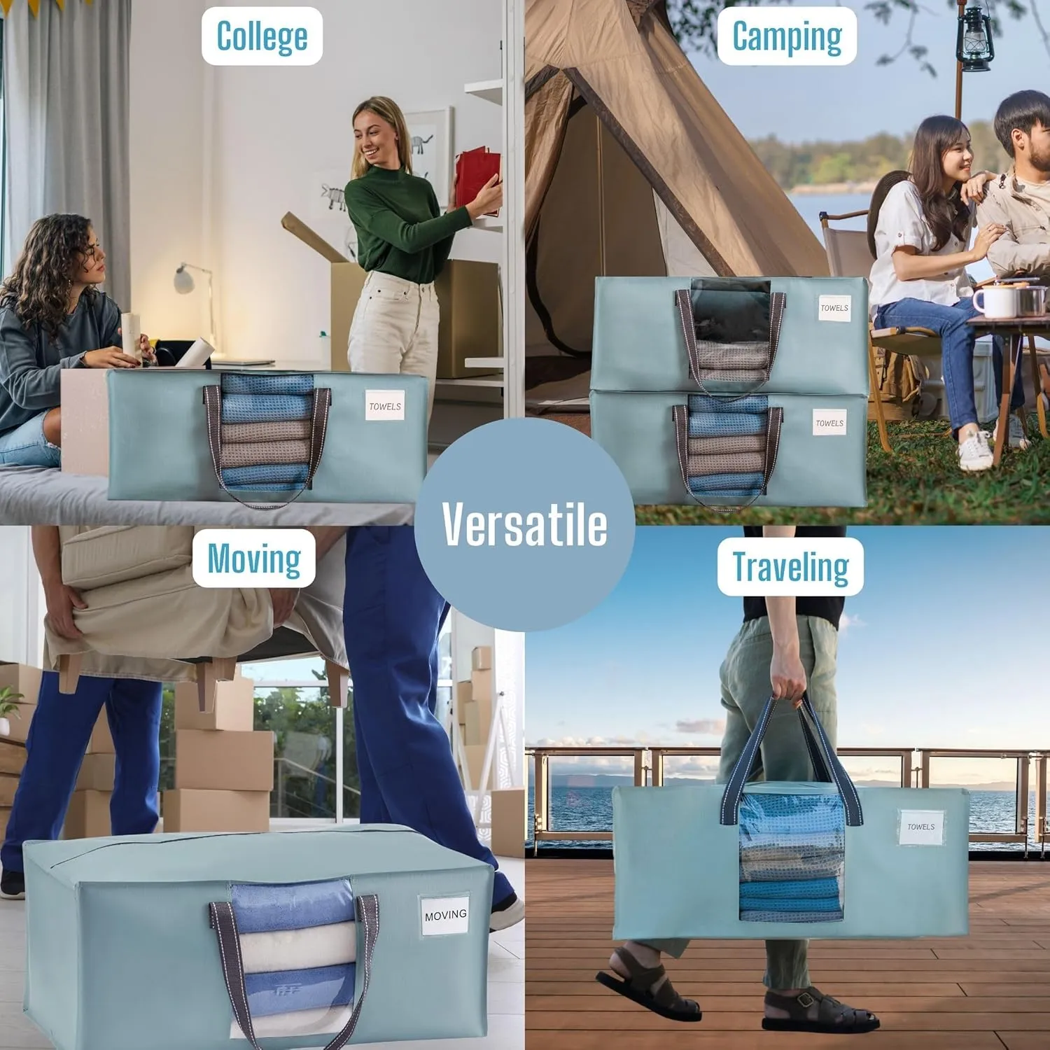 VENO 8 Pack Moving Bags for College, Heavy-Duty Storage Totes, Moving Boxes and Wardrobe Packing Supplies Alternative - Extra Large Durable Laundry Bags for Clothes (Light Blue Matte, 8 Pack)