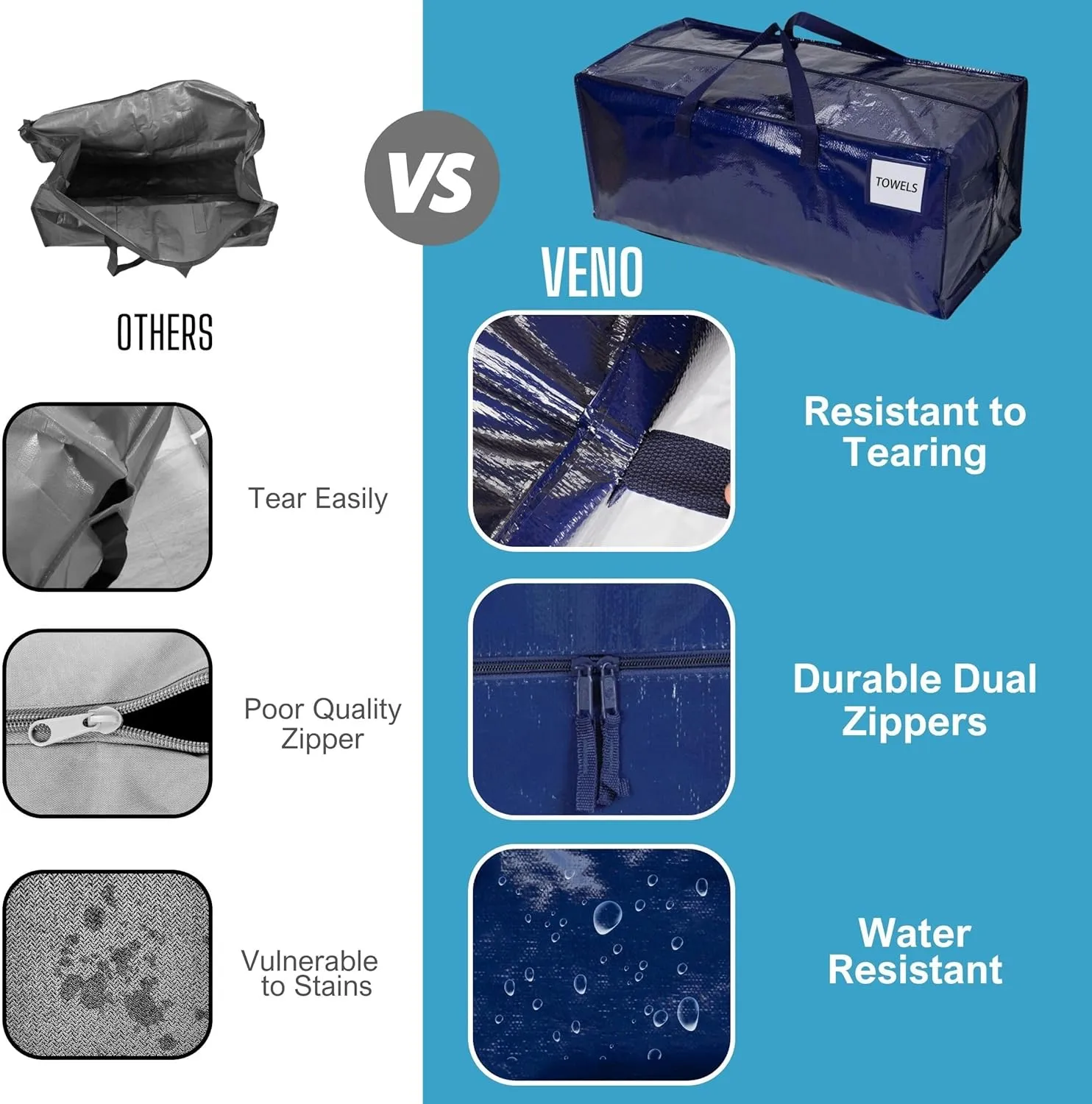 VENO 8 Pack Moving Bags w/Backpack Straps, Heavy Duty, Moving Boxes Alternative, Packing Supplies, Large Storage Totes for Dorm Room Essentials with Zipper for Clothes (Blue, 8 Pack)