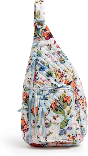 Vera Bradley Women's Cotton Sling Backpack, Sea Air Floral - Recycled Cotton, One Size
